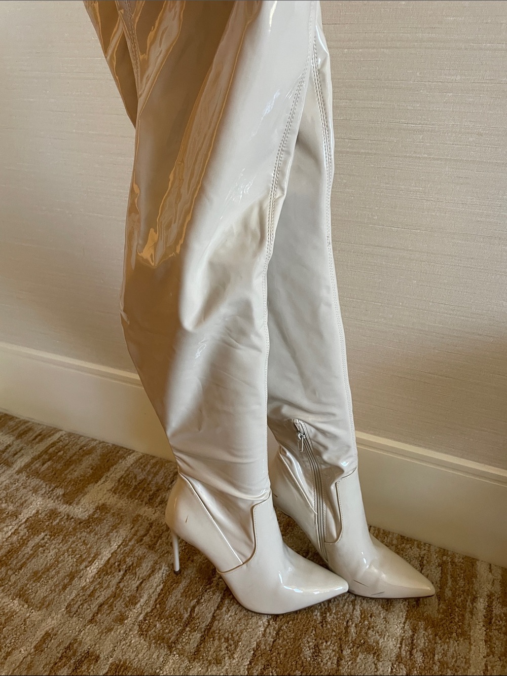 Steve Madden Cream Patent Thigh-High Stiletto Boots